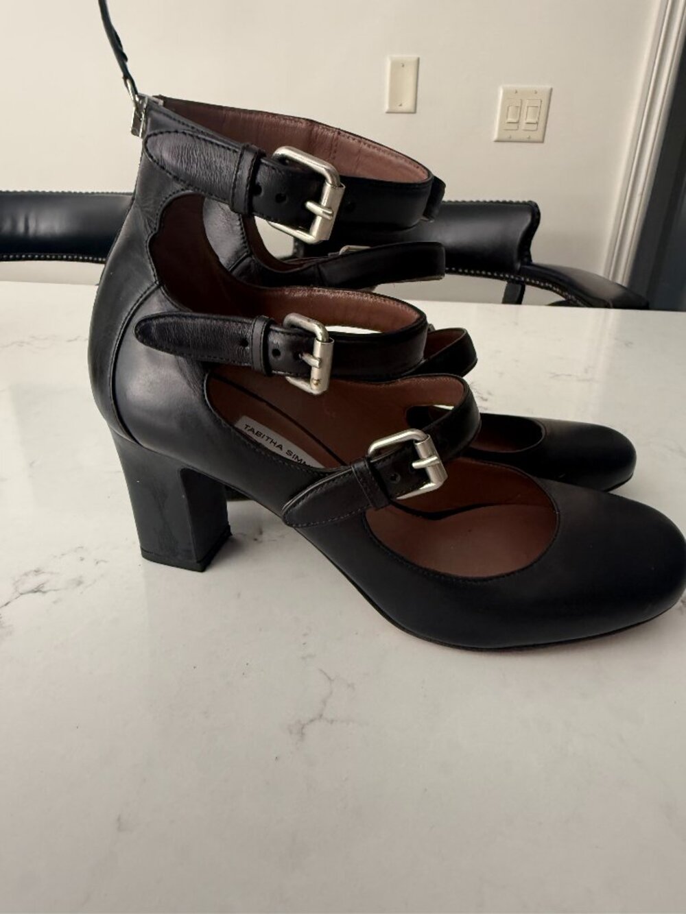 Tabitha Simmons black leather strappy bootie heels